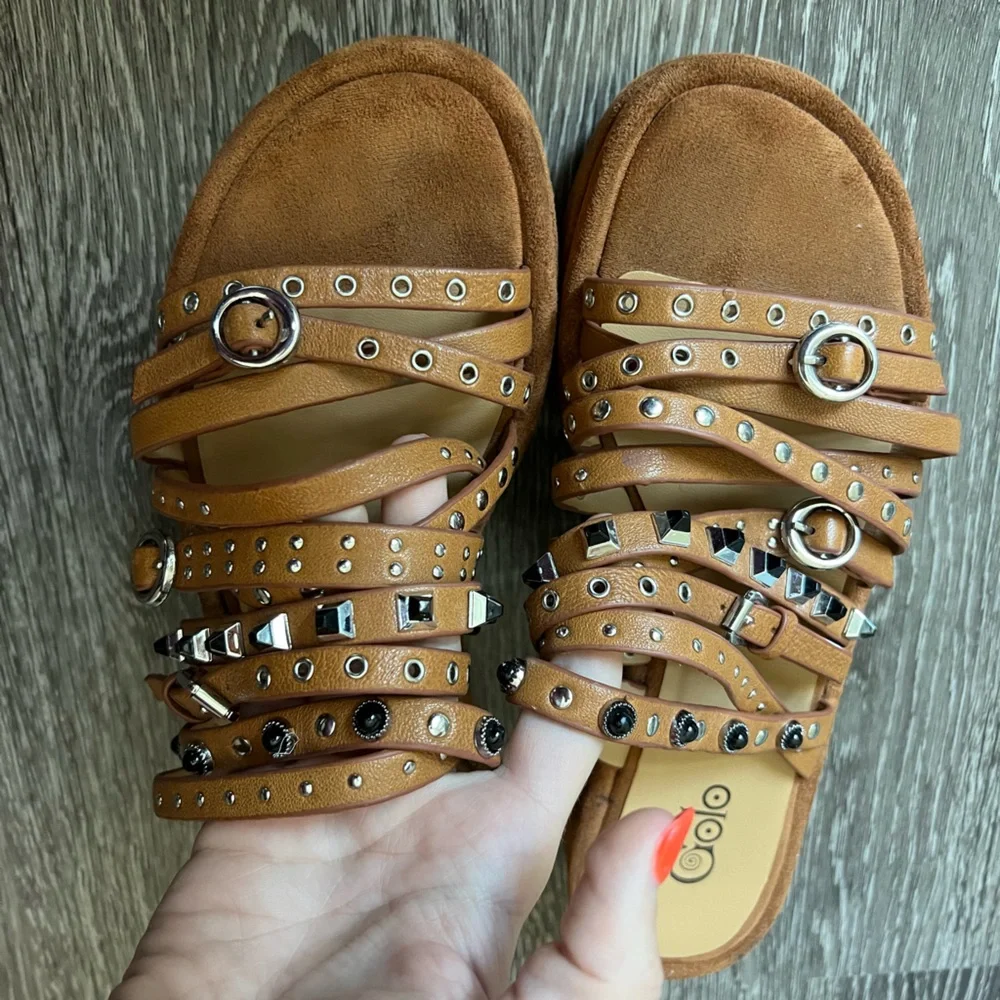 Free People Tan Brown Studded Platform Slide Sandals